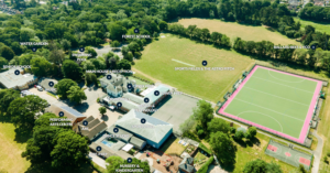Birds eye view of the school grounds and facilities